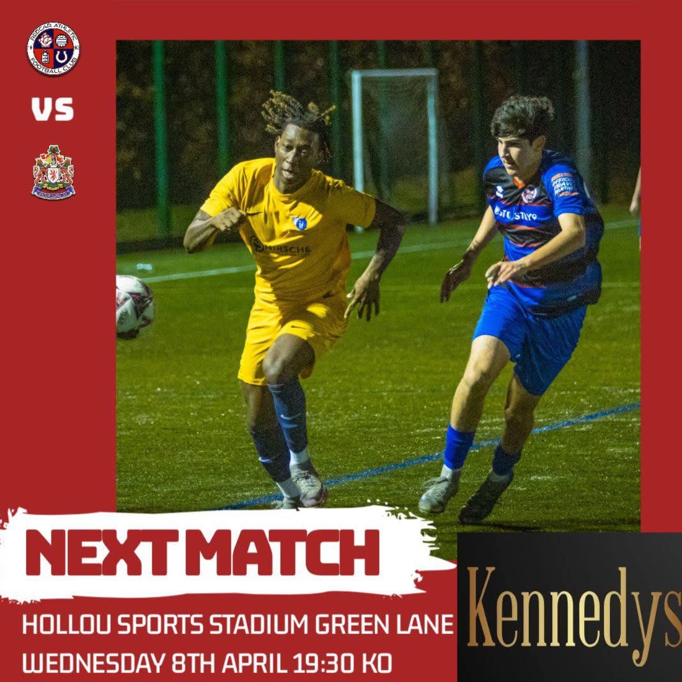 A Redcar Athletic FC match-day graphic featuring the Kennedys logo as sponsor